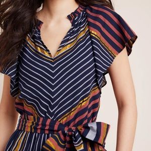 Anthro Ranna Gill Striped Metallic Ruffle Dress